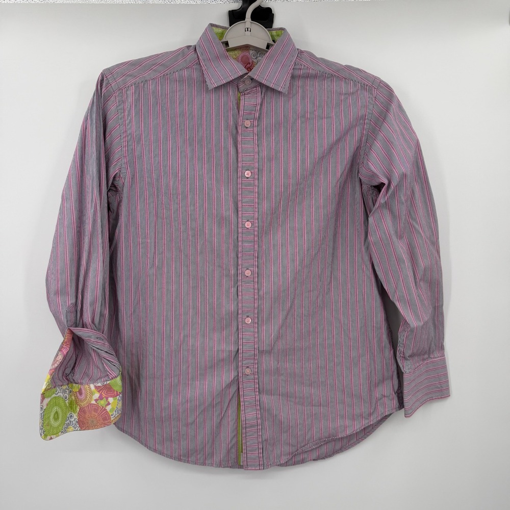 Robert Graham Mens Pink Grey Striped‎ Long Sleeve Button Down Shirt Size Medium